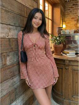 Cider - Plaid Bowknot Women V-Neck Bell Sleeve A-Line Mini Dress Red