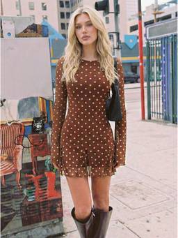 Cider - Mesh Polka Dot Women's Bell Sleeve A-Line Mini Dress Brown