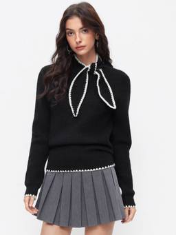 Cider - Knit Women's Bow Tie High Neck Top Black