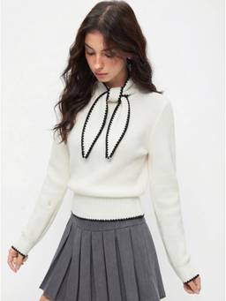 Cider - Knit Women's Bow Tie High Neck Top White
