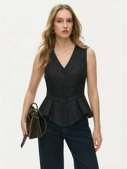 Cider - Ruffle Hem Women’s V-Neck Peplum Blazer Vest Black