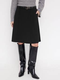 Cider - Women's Mid-Rise A-Line Belted Midi Skirt Black