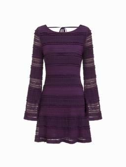 Cider - Lace Women's Slim Boat Neck Backless Bell Sleeve Mini Dress Purple