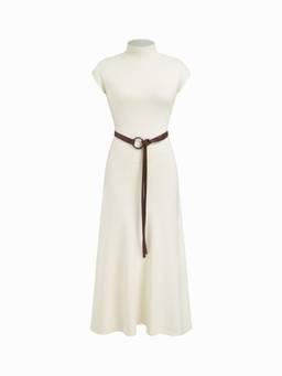 Cider - Knit Women's High Neck Belted A-Line Maxi Dress Beige