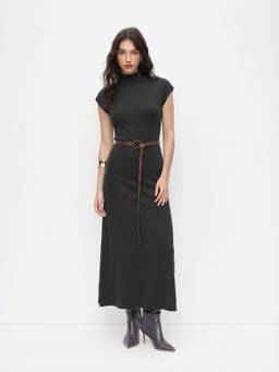 Cider - Knit Women's Belted High Neck A-Line Maxi Dress Black