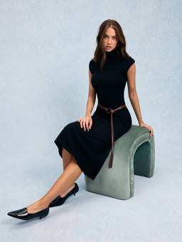 Cider - Knit Women's Belted High Neck A-Line Maxi Dress Brown