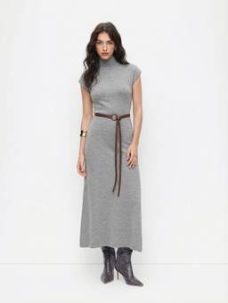 Cider - Knit High Neck Women's Belted A-Line Maxi Dress Grey
