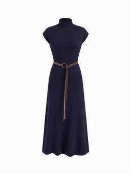 Cider - Knit Women's High Neck Belted A-Line Maxi Dress Navy Blue
