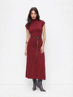 Cider - Knit Women's Belted High Neck A-Line Maxi Dress Wine
