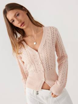 Cider - Wool-Blend Women Hollow Knit V-Neck Button Cardigan Pink