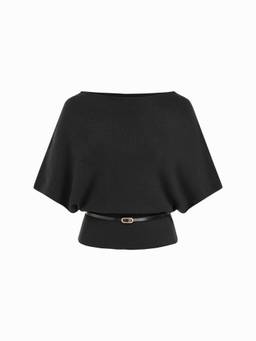 Cider - Knit Women's Belted Batwing Boat Neck Top Black