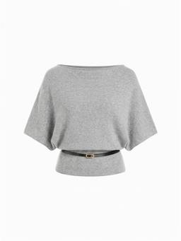 Cider - Knit Women's Batwing Sleeve Boat Neck Belted Top Grey