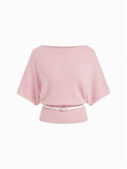 Cider - Knit Women's Belted Boat Neck Batwing Sleeve Top Pink