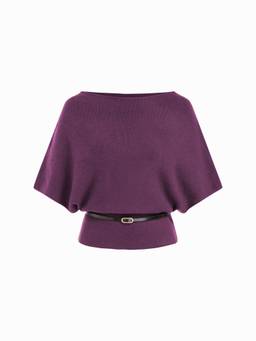 Cider - Women's Knit Boat Neck Batwing Sleeve Belted Top Purple