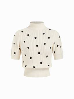 Cider - Knit Heart Women's Ribbed High Neck Sweater Cream