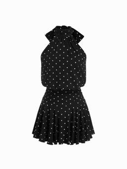 Cider - Stand Collar Women Sleeveless Polka Dots A-Line Mini Dress Black