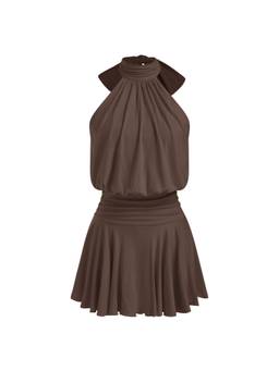 Cider - Stand Collar Women's Sleeveless A-Line Mini Dress Brown