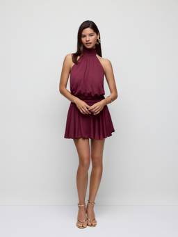 Cider - Women's Sleeveless Stand Collar A-Line Mini Dress Wine