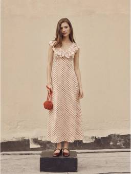 Cider - Women's V-Neck Ruffled Polka Dot Maxi Dress Cream