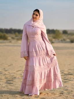 Cider - Floral Lace Women Bell Sleeve Flared Maxi Dress Pink