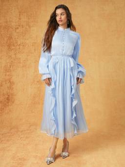 Cider - Women's Ruffled Belted Lantern Sleeve Flared Maxi Dress Baby Blue