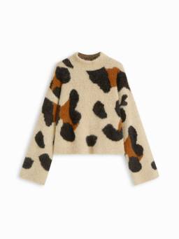 Cider - Leopard Print Women's Fluffy Oversized Round Neck Sweater Khaki