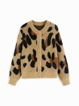 Cider - Knit Women's Button-Front Leopard Print Cardigan Khaki
