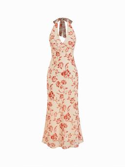 Cider - Chiffon Women's Floral Sweetheart Backless Maxi Dress Beige