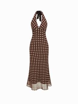 Cider - Sweetheart Women's Polka Dot Backless Tie-Up Mermaid Maxi Dress Brown