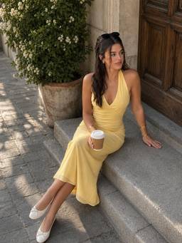 Cider - Chiffon Sweetheart Women Halter Backless Mermaid Maxi Dress Yellow