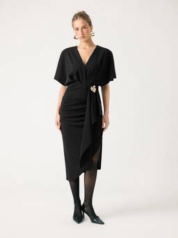 Cider - Metallic Decor Women V-Neck Batwing Sleeve Bodycon Maxi Dress Black