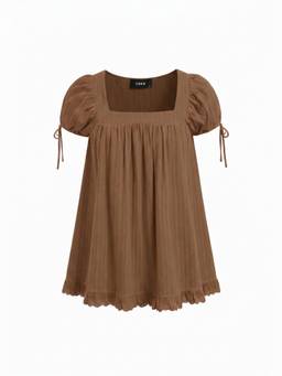 Cider - Cotton Blend Women’s Square Neck Ruffled Oversized Blouse Brown