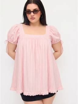 Cider - Cotton Blend Women Square Neck Ruffled Oversized Blouse Pink