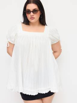 Cider - Cotton Blend Women Square Neck Ruffle Tie-Up Blouse White