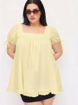 Cider - Cotton Blend Women Square Neck Puff Sleeve Ruffle Blouse Yellow