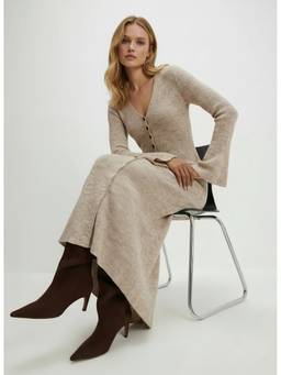 Cider - Knit Women's V-Neck Button Front Bell Sleeve Midi Dress Mocha
