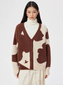 Cider - Cow Print Women Oversized V-Neck Button-Up Cardigan Brown