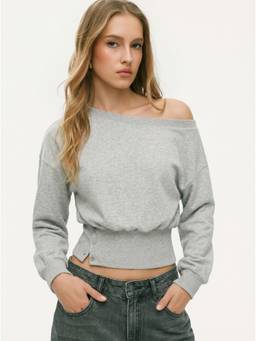 Cider - Cotton Blend Women's Asymmetrical Neck Sweatshirt Light Grey