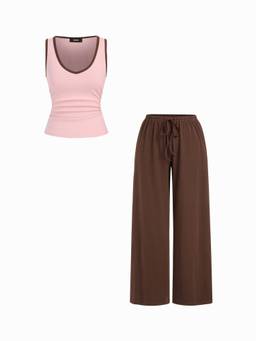 Cider - Two Tone Women's Ruched Scoop Neck Pant Set Pink