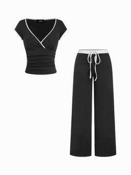 Cider - Cotton-Blend Women’s Two Tone V-Neck Pant Set Black