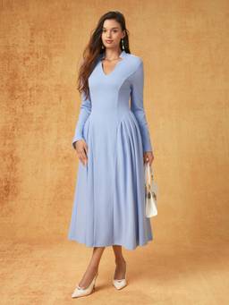 Cider - Pleated Women's V-Neck Flared Maxi Dress Blue
