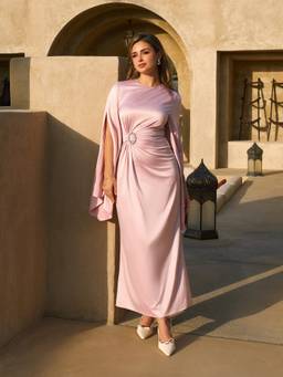 Cider - Rhinestone Ruched Women's Bell Sleeve Maxi Dress Pink
