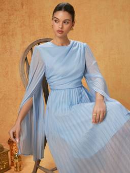 Cider - Chiffon Bell Sleeve Pleated Flared Maxi Dress Baby Blue