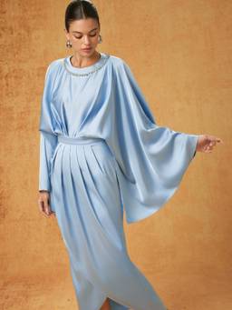Cider - Rhinestone Women's Batwing Sleeve Asymmetrical Maxi Dress Blue