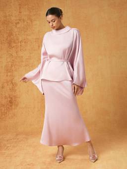 Cider - Satin Women's Cape Sleeve Stand Collar Skirt Set Pink