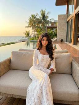 Cider - Floral Lace Women's Square Neck Bell Sleeve Maxi Dress Beige