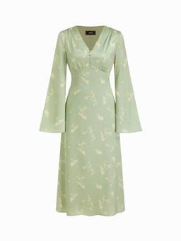 Cider - Satin Women's Floral V-Neck Lace-Up Maxi Dress Green