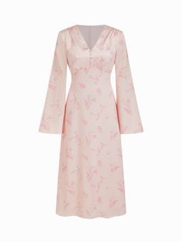 Cider - Satin Women's Floral V-Neck Lace-Up Maxi Dress Pink
