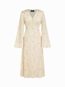 Cider - Satin Women Floral V-Neck Lace-Up Maxi Dress Yellow