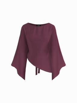 Cider - Satin Women's Boat Neck Bell Sleeve Asymmetrical Blouse Berry